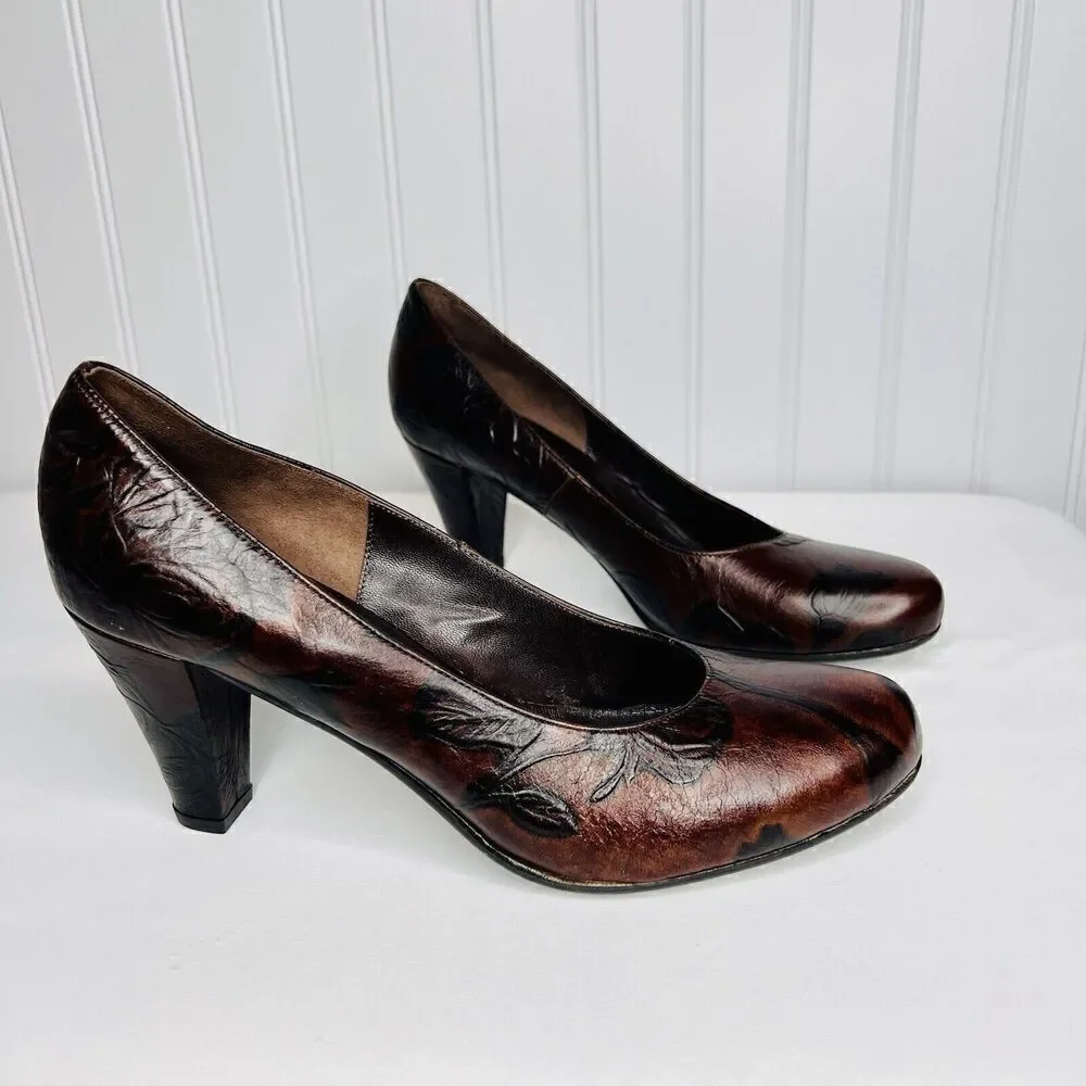 Cuoieria Fiorentina Italy Tuscan Sz 8.5 Heels Chocolate Brown Leather Floral